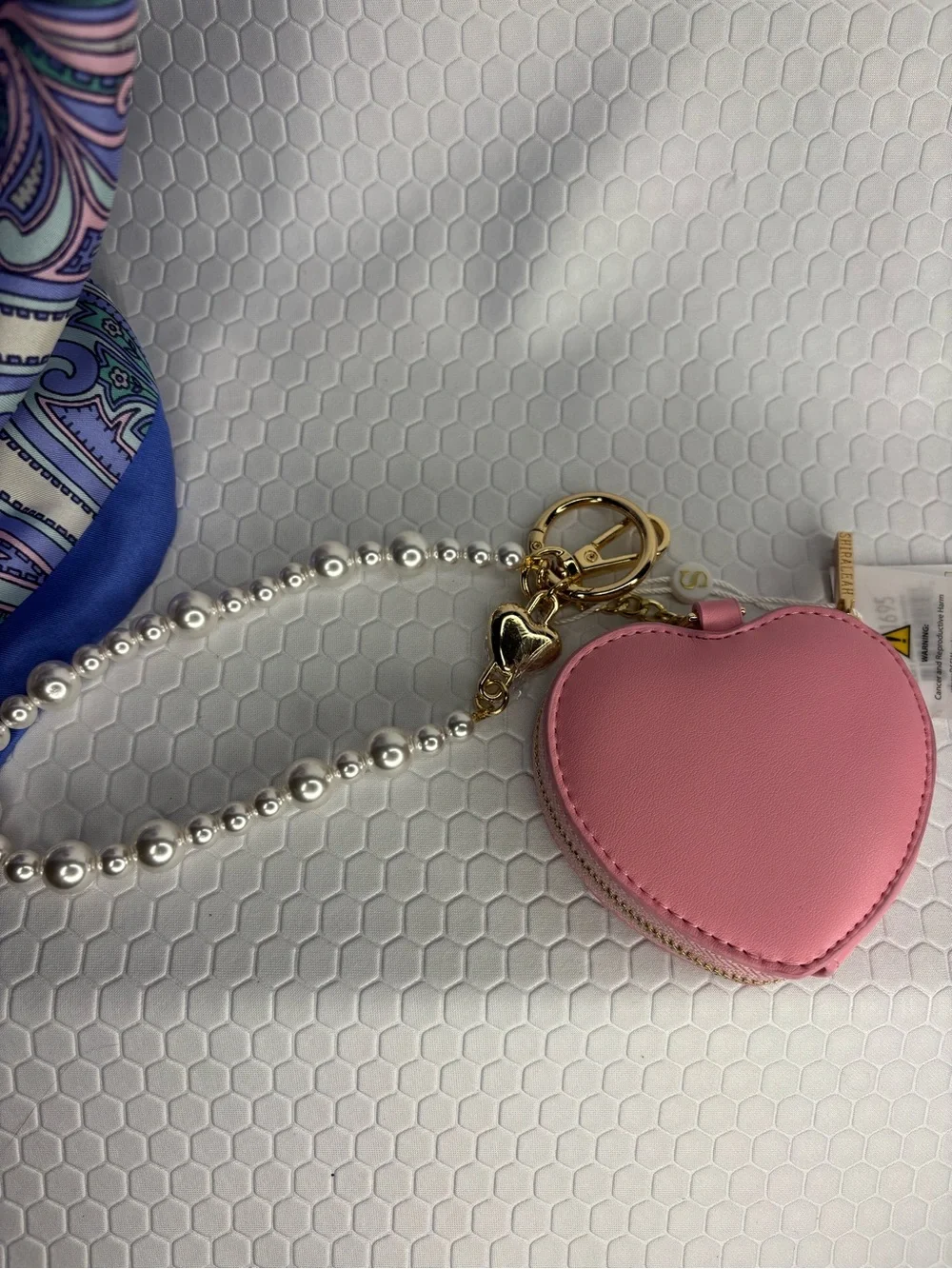 Pink Heart Zipper Pouch Charm with Faux Pearl Wrist Strap NWT
